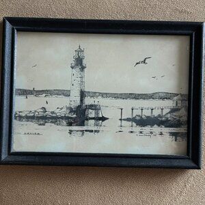 Vintage Lighthouse Reverse Glass Painting 1973 Original Signed Art